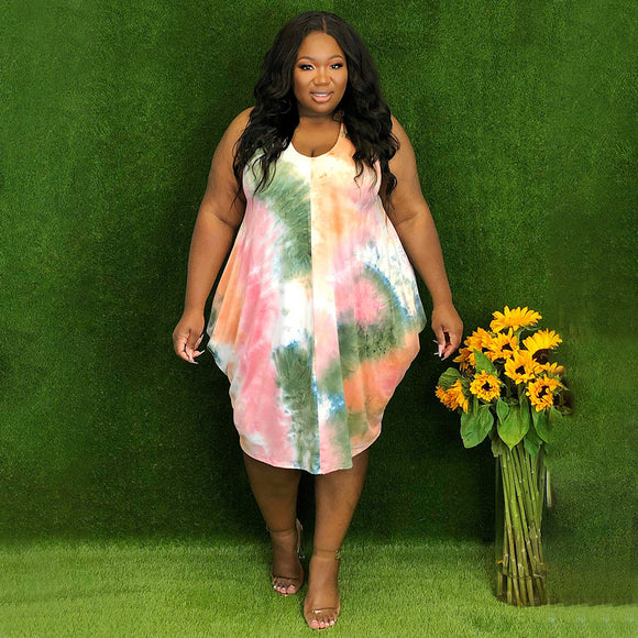 Plus Size Mid-Dress Sleeveless Tie-Dye Printed Loose Waist Dress Classic Urban Casual