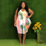 Plus Size Mid-Dress Sleeveless Tie-Dye Printed Loose Waist Dress Classic Urban Casual