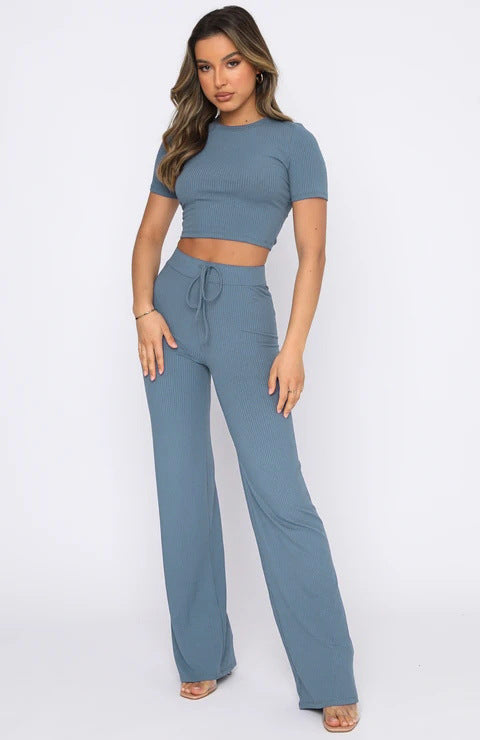 Casual Set Women Solid Color High-Elastic Body Shaping Short Sleeve Sunken Stripe Wide Leg Pants Two-Piece Set
