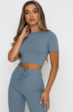 Casual Set Women Solid Color High-Elastic Body Shaping Short Sleeve Sunken Stripe Wide Leg Pants Two-Piece Set