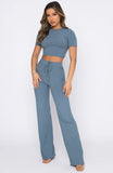 Casual Set Women Solid Color High-Elastic Body Shaping Short Sleeve Sunken Stripe Wide Leg Pants Two-Piece Set