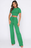 Casual Set Women Solid Color High-Elastic Body Shaping Short Sleeve Sunken Stripe Wide Leg Pants Two-Piece Set