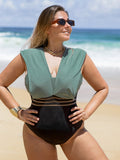 Plus Size Patchwork V-Neck One Piece Swimsuit Women Bathing Suits Swimwear