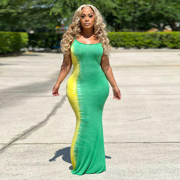 Women Clothing Summer Tie-Dye Lace-up Tight Plus Size Dress Plus Size