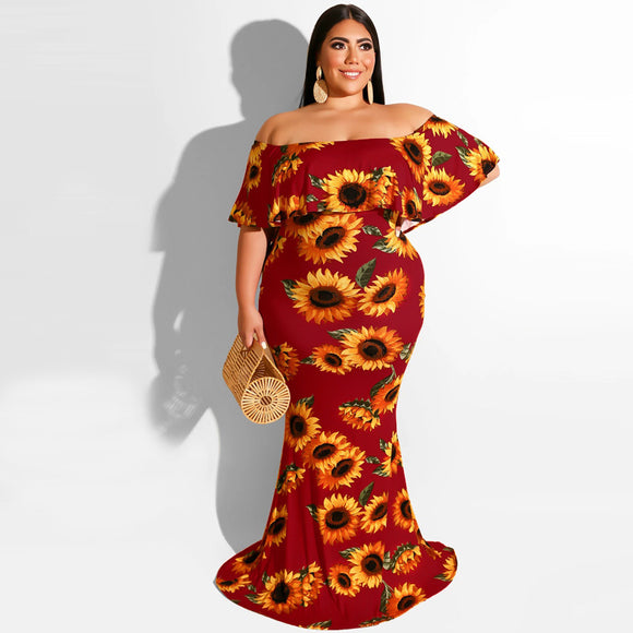 Plus Size Women Clothes Summer Sunflowers Leaf Printed Sexy Tight Dress