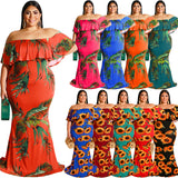 Plus Size Women Clothes Summer Sunflowers Leaf Printed Sexy Tight Dress