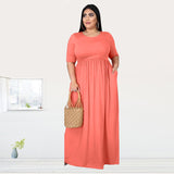 Plus Size Dress Summer Women Clothing Solid Color Round Neck Loose Casual  Dress