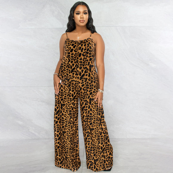 Plus Size New Jumpsuit Summer Leopard Print Sling Casual  Jumpsuit