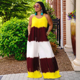 Plus Size New Patchwork Printed Suspenders Fashion Casual Long  Women Clothes Jumpsuit