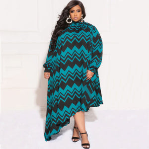 Plus Size Women Clothing Long Sleeve Dress round Neck Printed Sexy Dress