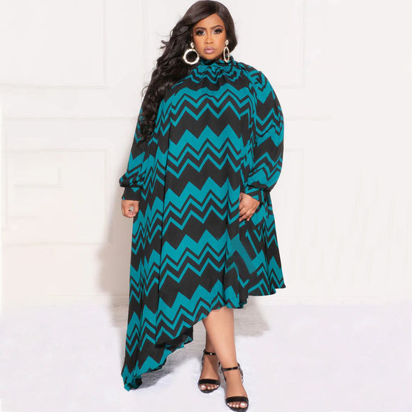Plus Size Women Clothing Long Sleeve Dress round Neck Printed Sexy Dress