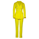 New Pink Yellow Blazer Pants Set Two Piece Women's Business Suit Blazer Set Office Ladies Solid Colors Formal Suits with Buttons|Pant Suits|
