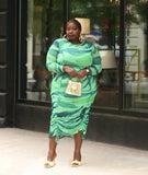 Plus Size Women Clothing Drawstring Printed Sexy Long Sleeve  Dress