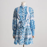 Spring Summer French Stand-up Collar  Lace Lace up Waist Controlled Slimming Lantern Sleeves Dress Stitching Short Dress