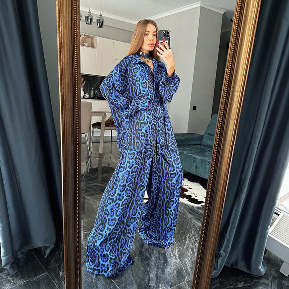 Spring Women  Clothes Suit Long Sleeve Leopard Print Loose Two Piece Suit
