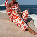 Spring Summer Women Wear off Shoulder Short  Sleeved Top Bottom Printing Two Piece Set