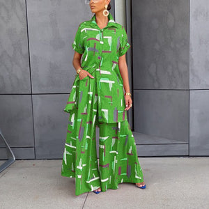 Spring Summer Black Women Casual Shirt Loose Trousers Printed Two Piece Set