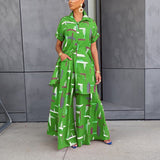Spring Summer Black Women Casual Shirt Loose Trousers Printed Two Piece Set