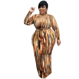 Plus Size Women Clothing Spring Printing Dyeing U Collar with Belt Skinny Long  Dress