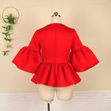 V-neck Flared Sleeves Flounced All-Match Solid Color Stretch plus Size Women
