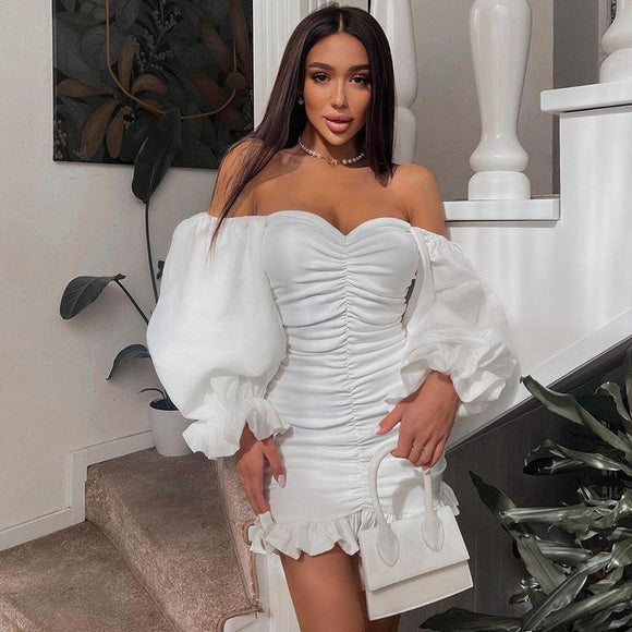 Casual One Line Neck Long Sleeve Dress