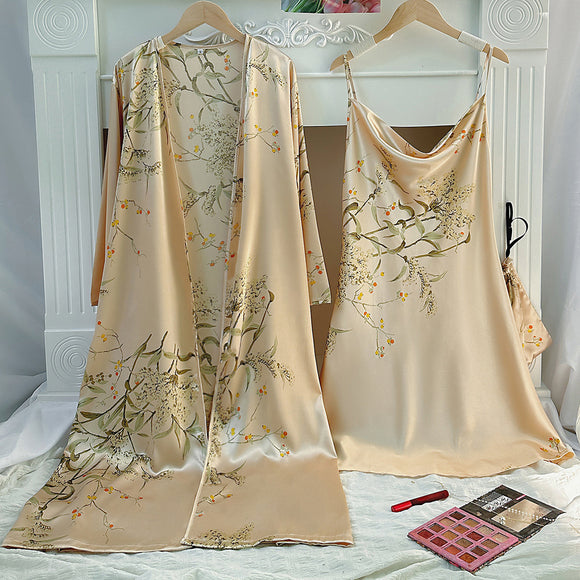 Printed Small Cherry Pajamas Women Simple Artificial Silk Home Wear Thin Robe Ice Silk Cami Dress Nightdress
