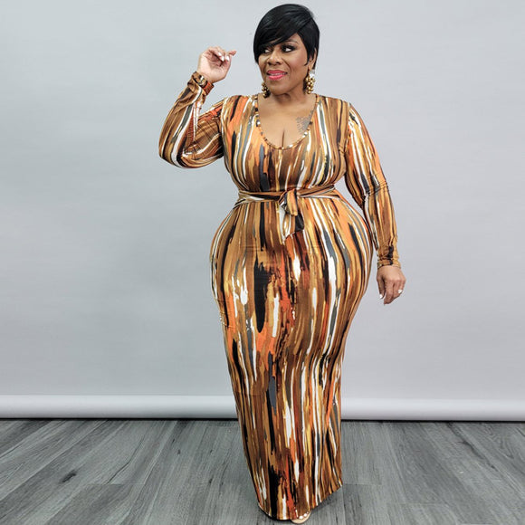 Plus Size Women Clothing Spring Printing Dyeing U Collar with Belt Skinny Long  Dress