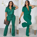 Women Clothing Spring Summer Short Sleeve Zipper Top Suit  Pants Casual Two Piece Suit