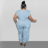 Plus Size Women  Clothing  Autumn New Denim Short Sleeve Wash Jumpsuit Trousers Sexy  New