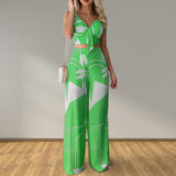 Women Clothing Summer Sexy Tube Top Lace up Loose Wide Leg Pants Printing Set
