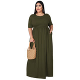 Plus Size Dress Summer Women Clothing Solid Color Round Neck Loose Casual  Dress