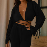 Autumn Solid Color Women Clothing V Neck Casual Sexy Suit Clothes