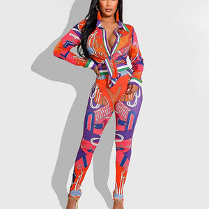 Women Printed Long Sleeved Shirt Tight Trousers Suit Two Piece Set