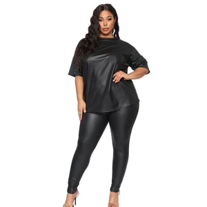 Plus Size Women Clothes Autumn Solid Color Leather Short Sleeve Slim Trousers Casual Suit