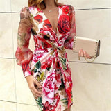Long sleeve print dresssslimv neck skirt