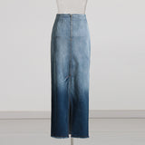 Summer Gradient Color Washed Frayed Hem Split Sexy Slimming Sheath Denim Skirt