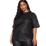Plus Size Women Clothes Autumn Solid Color Leather Short Sleeve Slim Trousers Casual Suit