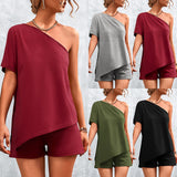 Women Clothing Summer Sexy Oblique Shoulder Irregular Asymmetric Shorts Suit