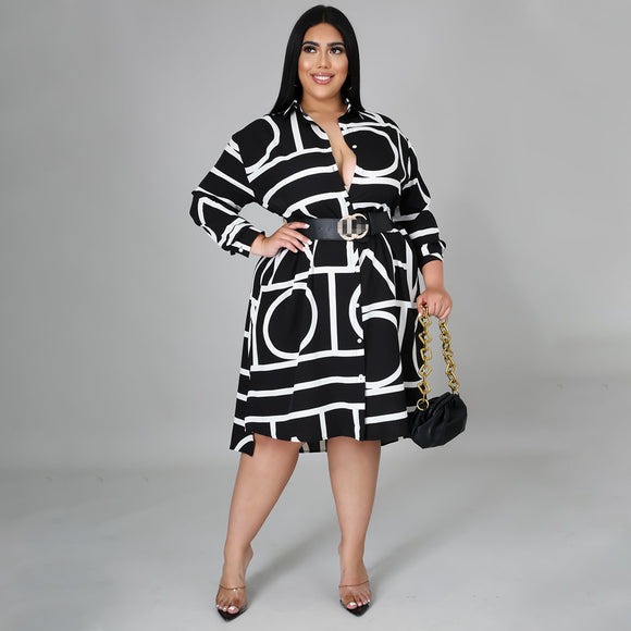 Plus Size Printing Pleating Waist Shirt  Dress for Women