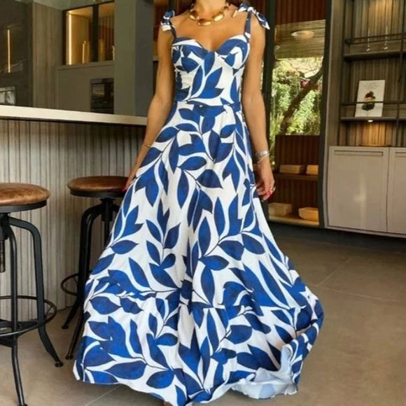 Spring Women High Waist Strap Long Printed Dress