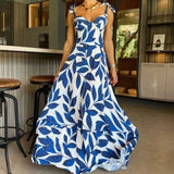 Spring Women High Waist Strap Long Printed Dress