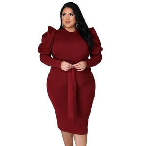 Plus Size Women Clothing Long Sleeve Belt Slim Fit  Dress