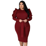 Plus Size Women Clothing Long Sleeve Belt Slim Fit  Dress
