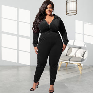 Plus Size Autumn Elastic Velvet Slim Fit Two Piece Set  Women Suit