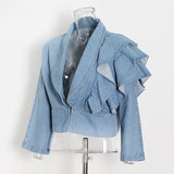Autumn Office Niche Design Patchwork Ruffled Long Sleeve Short Women  Jeans Shirt