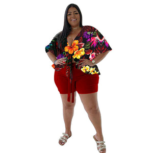 Plus Size Spring Autumn Women Clothing  Two-Piece Suit Printing Casual T-shirt Shorts Set