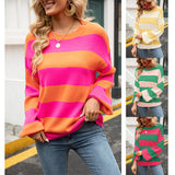 Autumn Pullover plus Size Patchwork Stripes round Neck Casual Knitted Loose Idle Bottoming Sweater