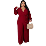 Plus Size Women Loose Straight Solid Color Belt Jumpsuit