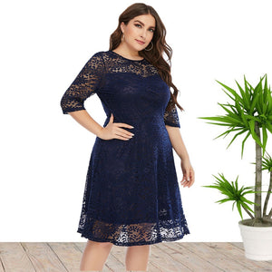 Plus Size Spring Summer  Women Clothes round Neck Lace Dress Mid-Length Formal Dress
