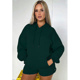 Autumn Winter Pure Color Thickened Fleece Lined Hooded Long Sleeve Sweater Women Casual Shorts Suit